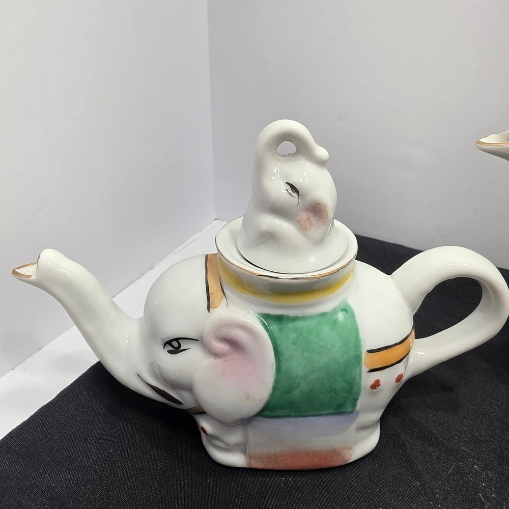 Vintage Ceramic Elephant Teapot Set of 4 Hand Painted White Gold Trim Figural - Picture 8 of 10